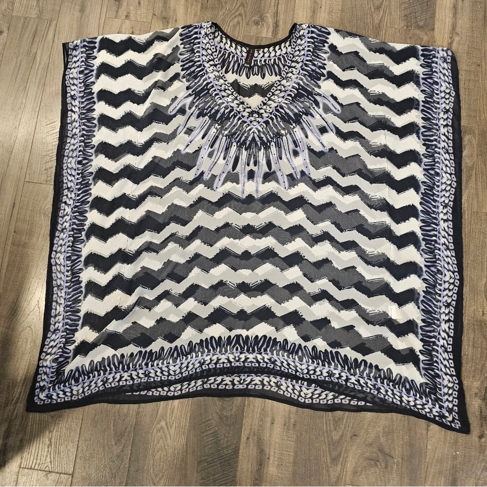 OS La Moda Women's Sheer Zigzag Print V Neck Kaftan Tunic Cover Up Resort Beach‎